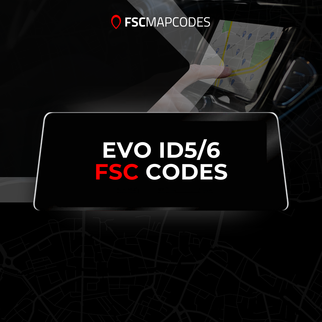 Car dashboard with navigation screen displaying 'EVO ID5/6 FSC CODES' text, branded with FSCMAPCODES.