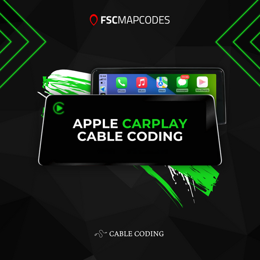 BMW Apple CarPlay cable coding service with a stylized phone and interface on a dark background.
