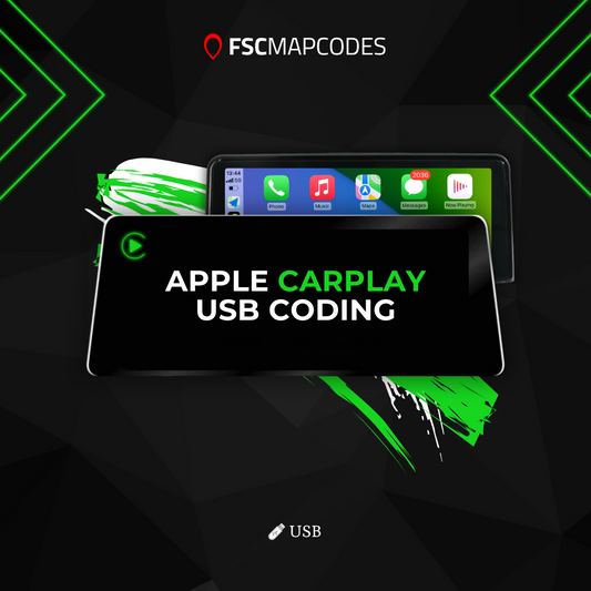BMW Apple CarPlay USB coding with FSC Mapcodes branding on a dark background.