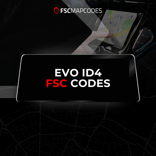 Display of EVO ID4 FSC Codes with a map background and FSC MAPCODES branding.
