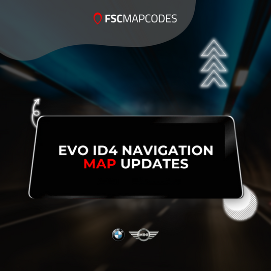BMW EVO ID4 Navigation Map Updates with FSCMapcodes branding on a dark background.