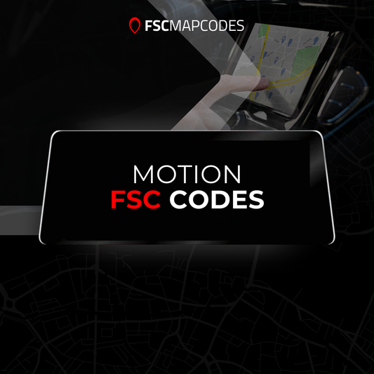 Car dashboard with a navigation screen displaying a map, branded with 'FSC MAP CODES'.