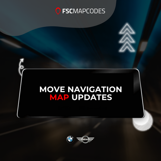 Car dashboard with navigation screen displaying 'Move Navigation Map Updates' and FSCMapcodes branding.