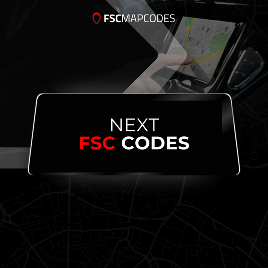 Car dashboard with a navigation screen displaying 'FSC MAPCODES' and 'NEXT FSC CODES'.