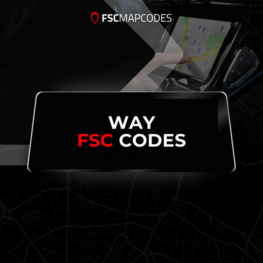 Car dashboard with a navigation screen displaying 'FSC MAPCODES' and 'WAY FSC CODES'.