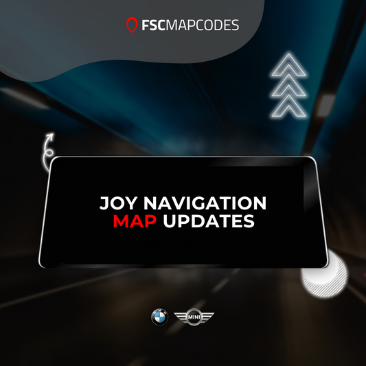 Joy Navigation map updates with FSC Mapcodes branding on a dark background.
