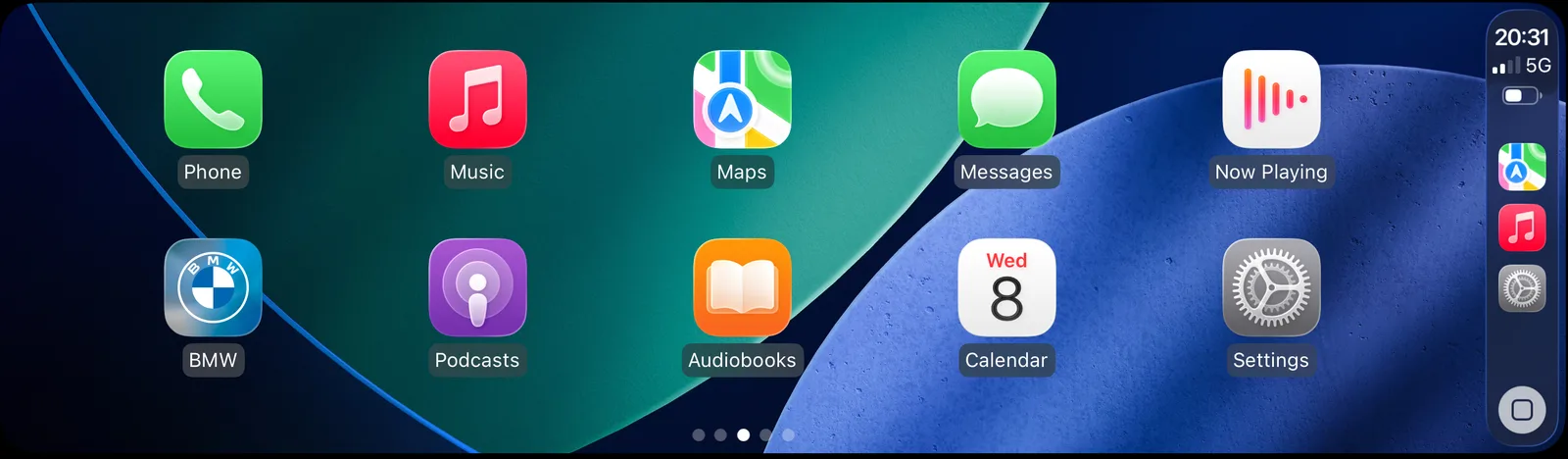 Apple CarPlay home screen on a BMW iDrive display, showing the standard CarPlay app grid alongside the BMW companion app.